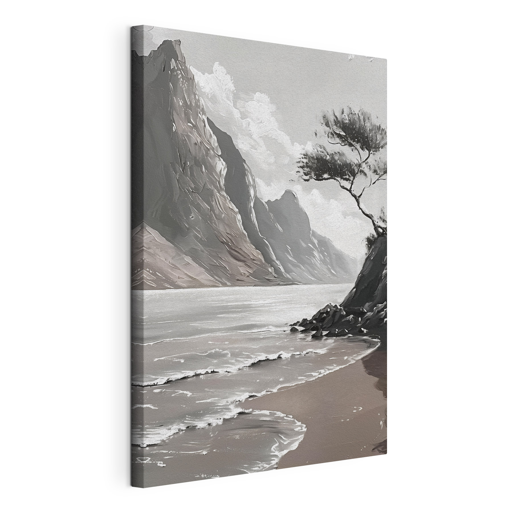 A beach with a tree and a body of water