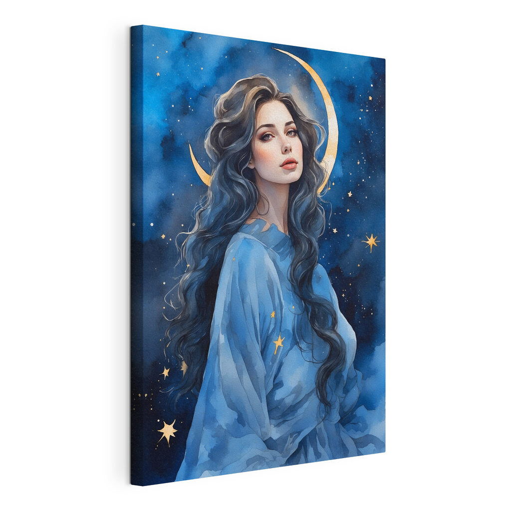 A woman with long hair and moon in the sky A woman with long hair and moon in the sky
