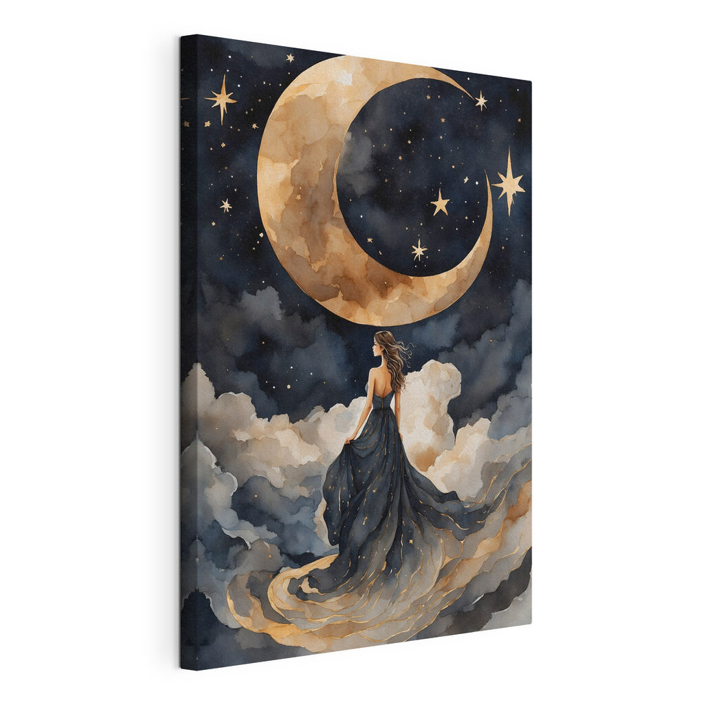 A woman in a blue dress and a moon in the sky