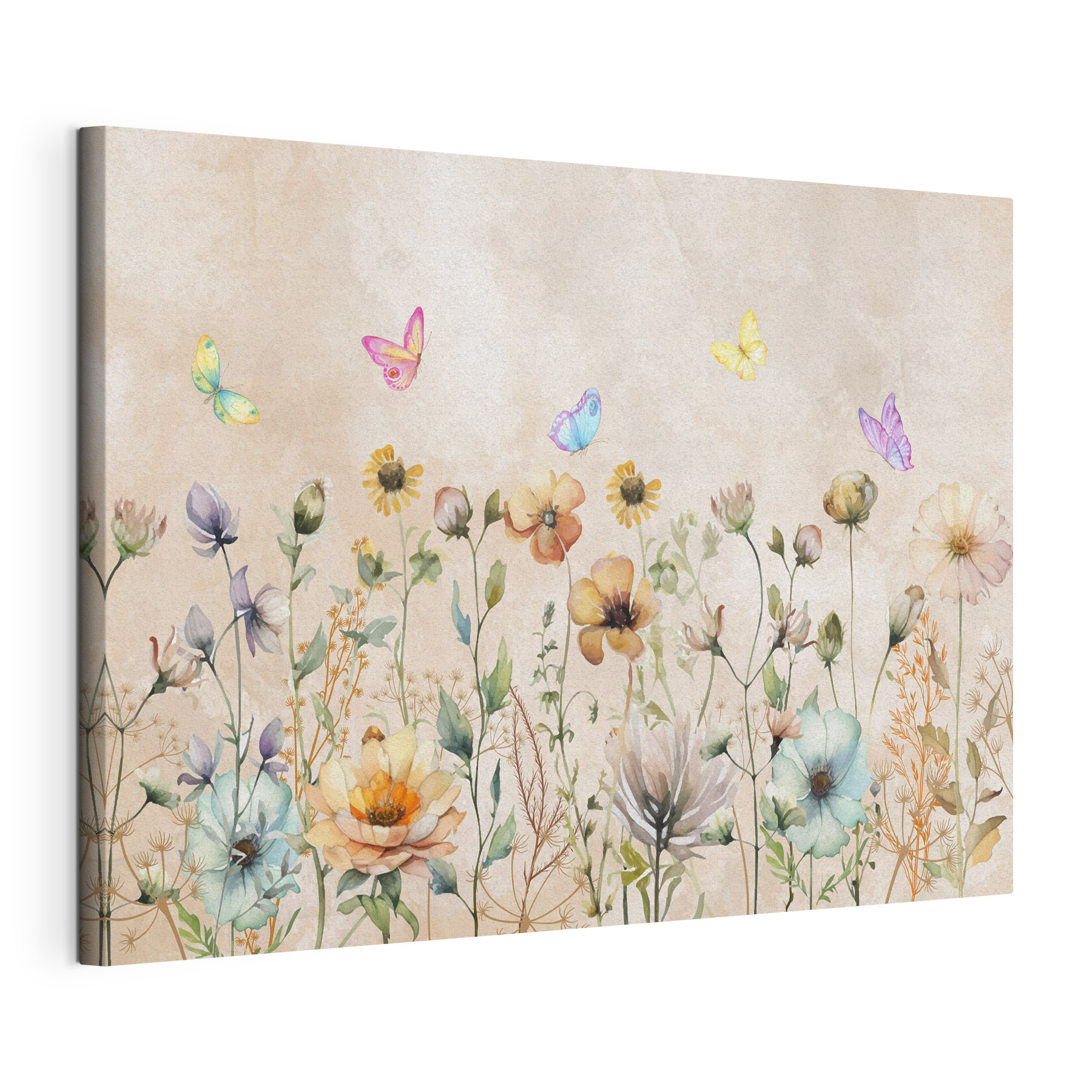 A painting of flowers and butterflies A painting of flowers and butterflies