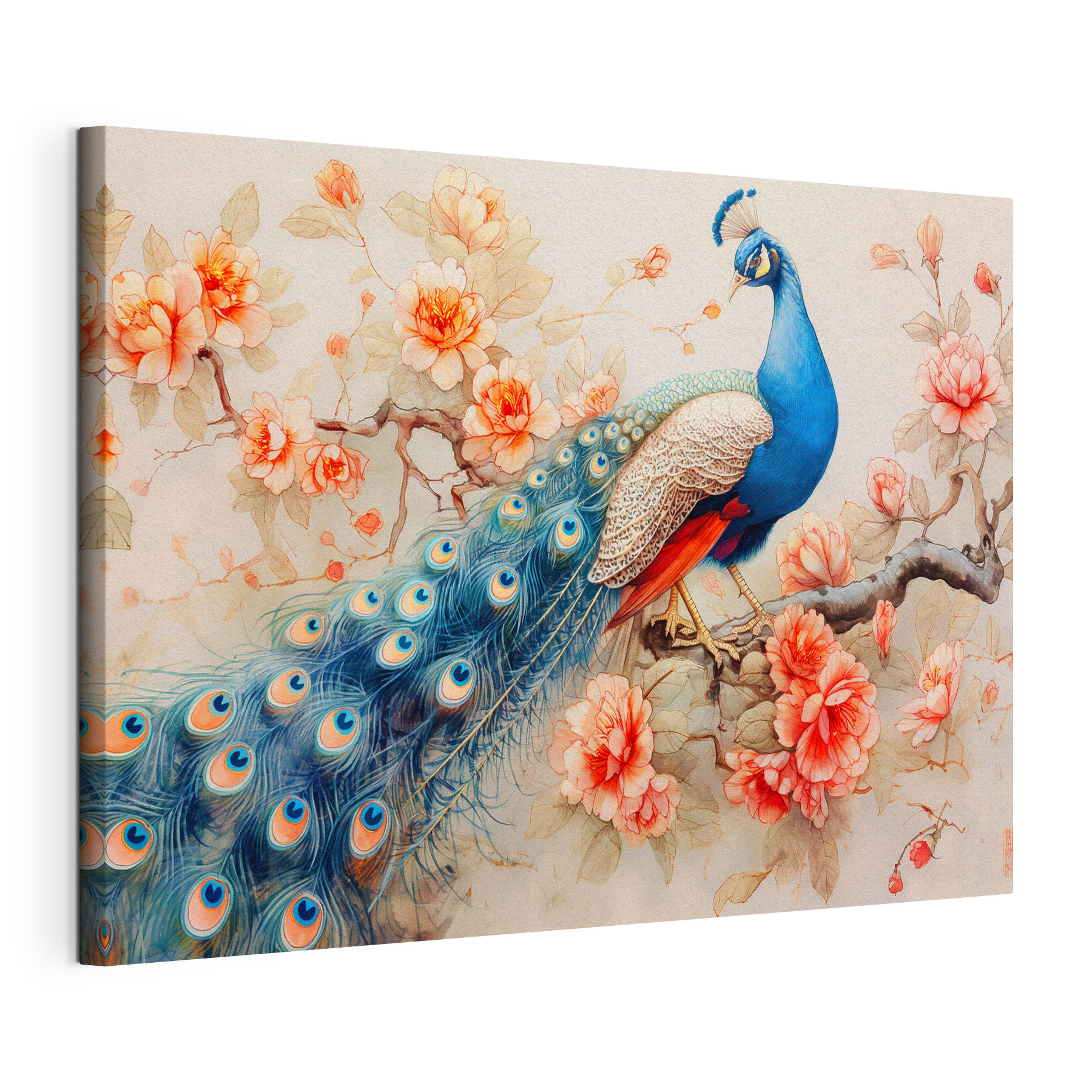 A painting of a peacock on a branch with flowers A painting of a peacock on a branch with flowers