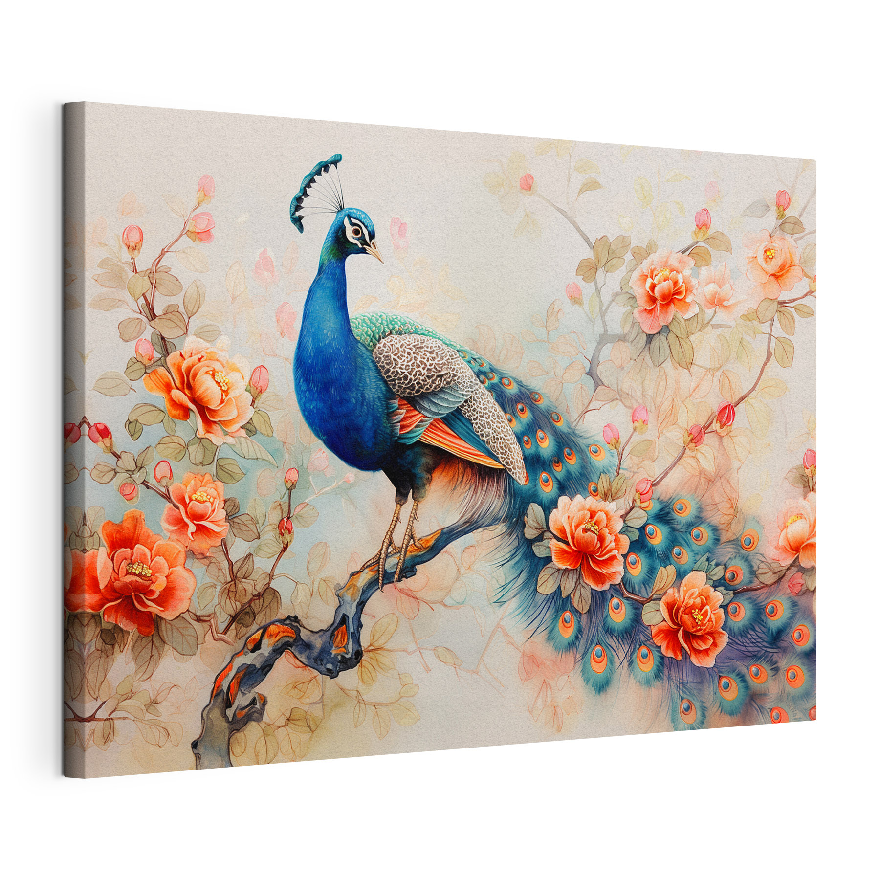 A painting of a peacock on a branch with flowers