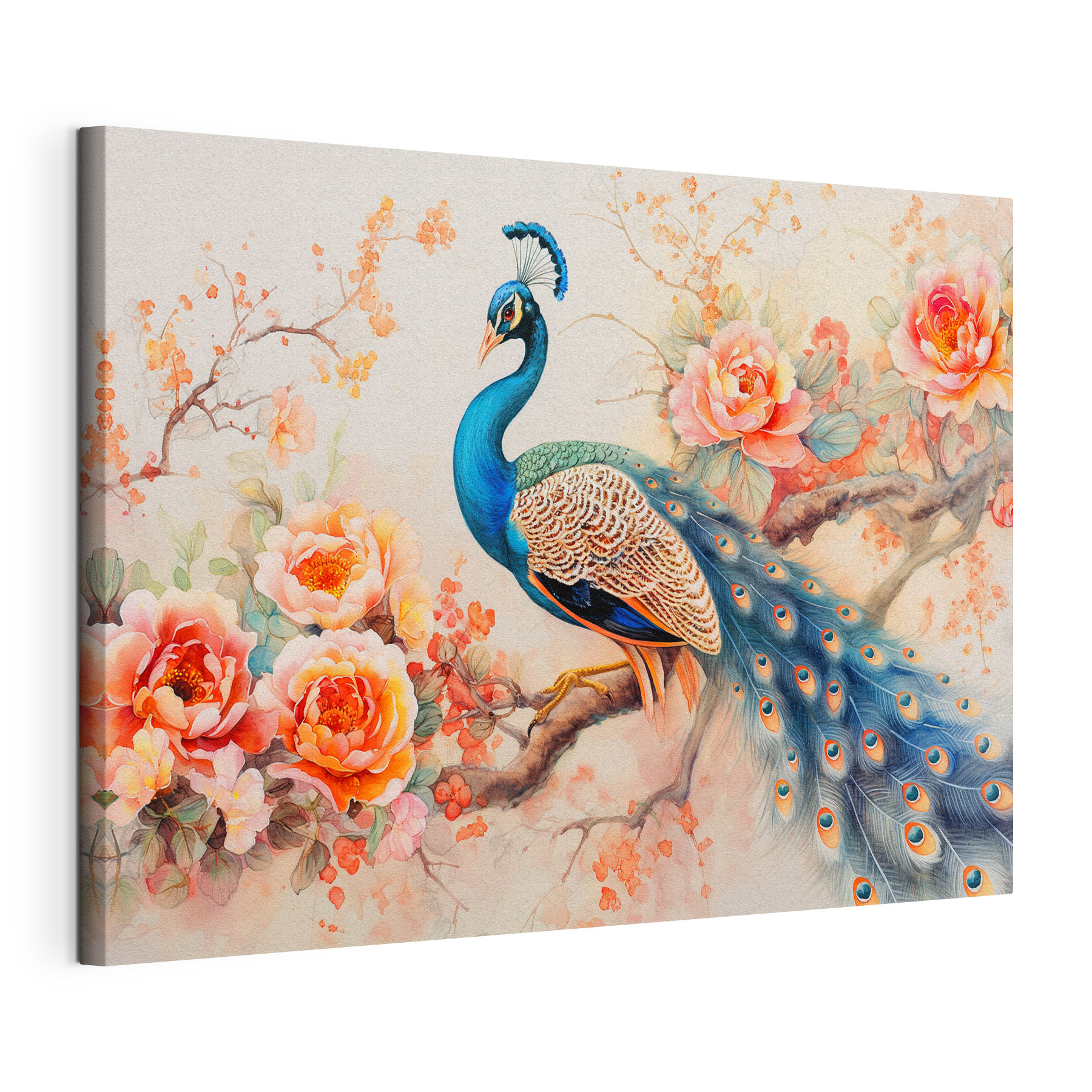 A painting of a peacock on a branch with flowers A painting of a peacock on a branch with flowers