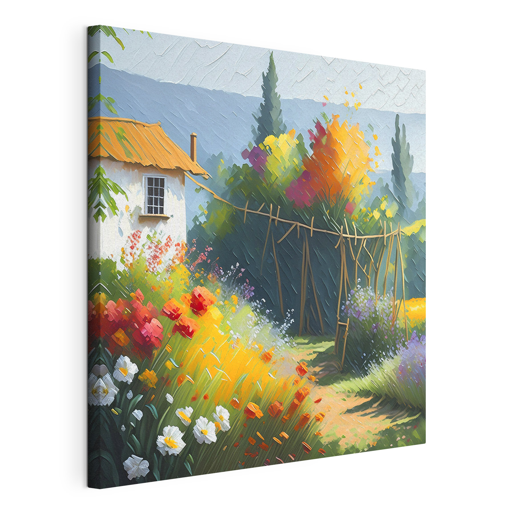 A painting of a house and flowers A painting of a house and flowers