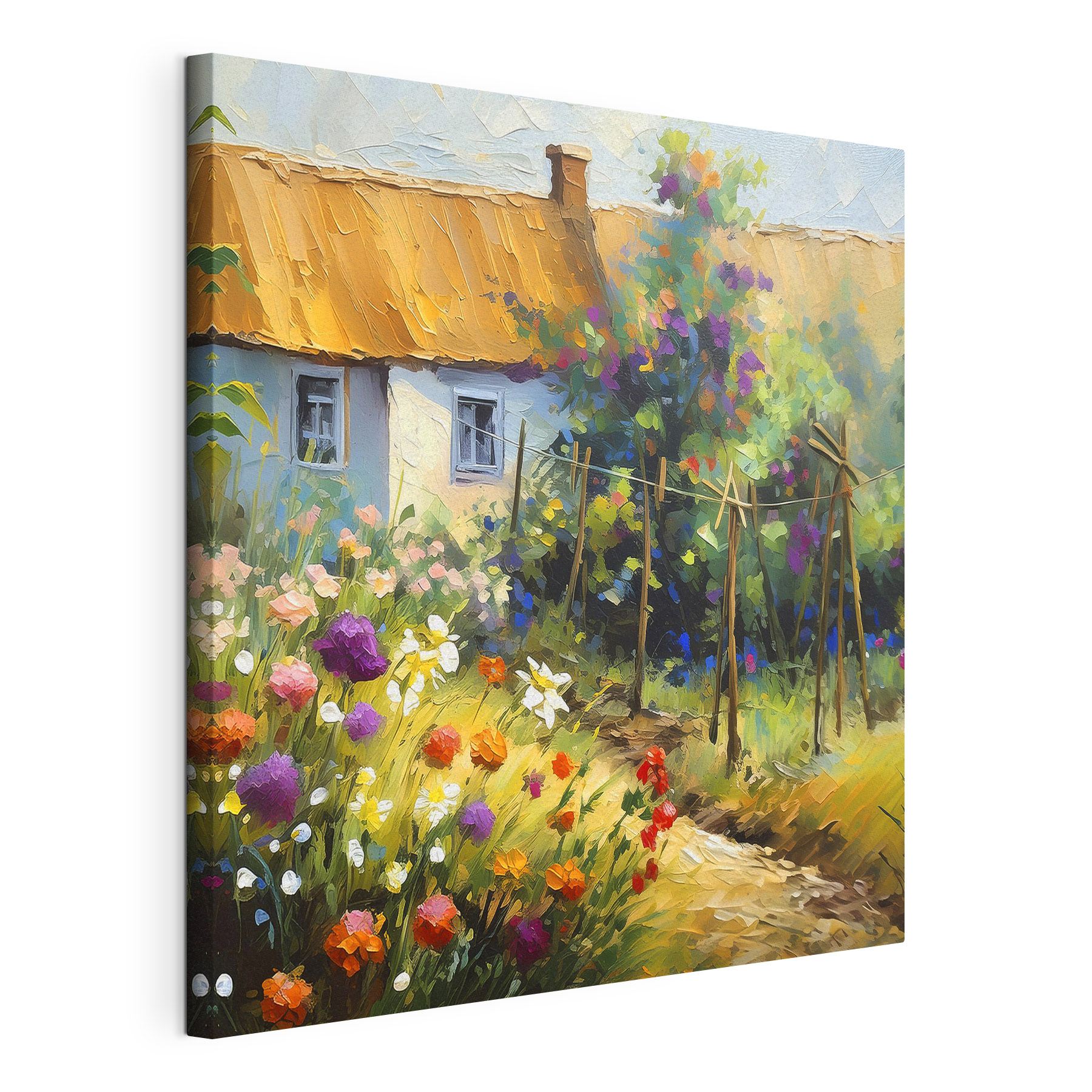 A painting of a house and flowers A painting of a house and flowers