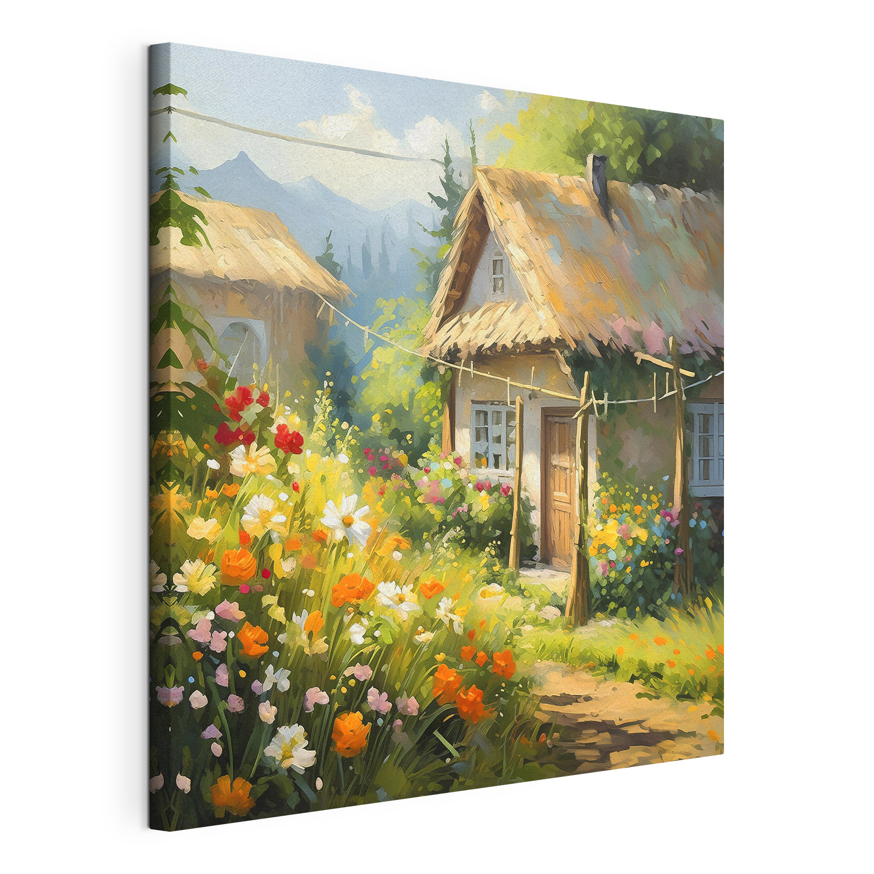 A painting of a house with flowers A painting of a house with flowers