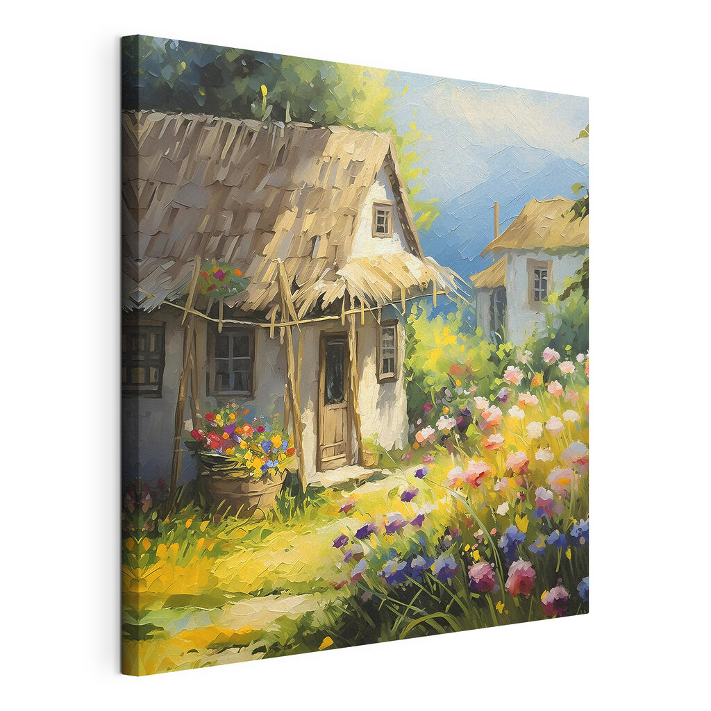 A painting of a house with flowers