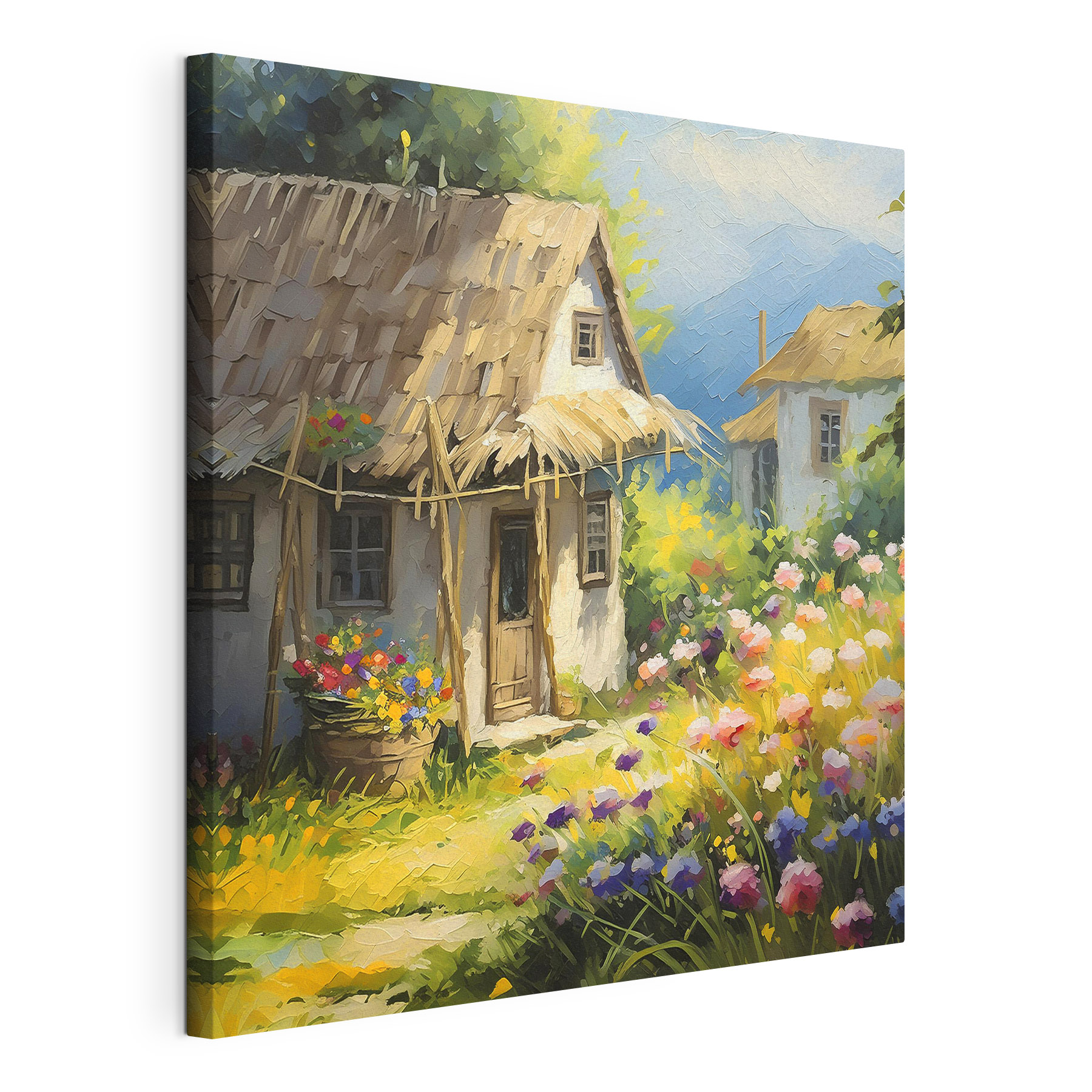 A painting of a house with flowers