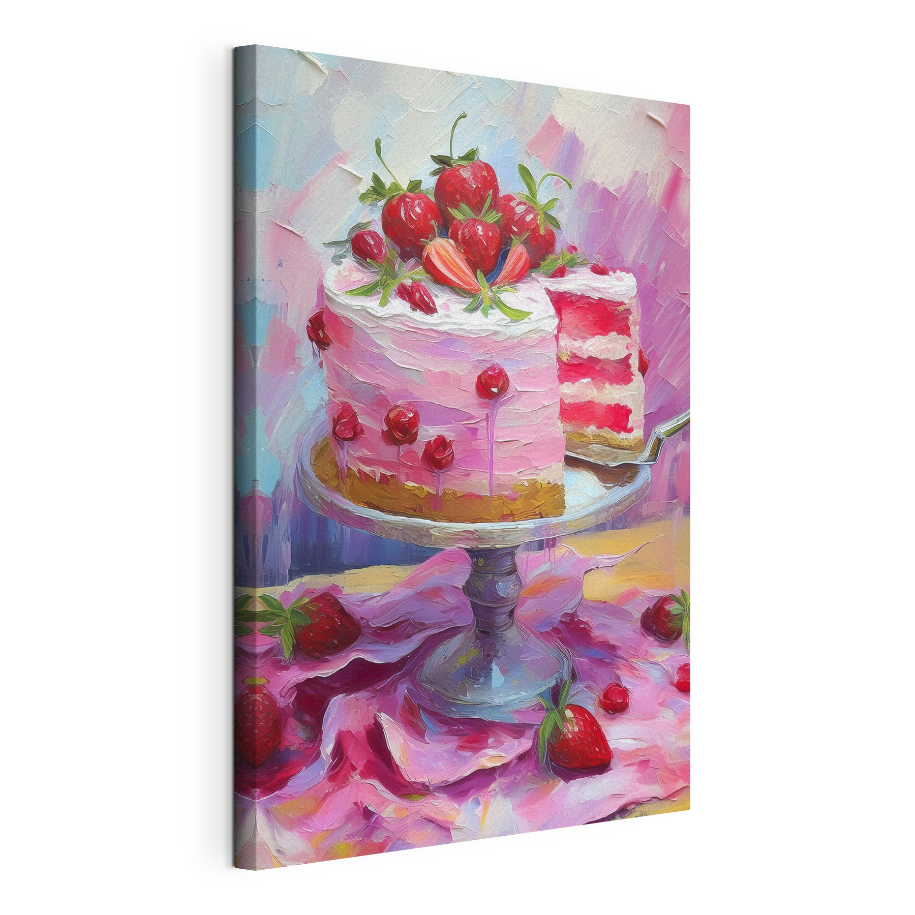 A painting of a cake with a slice of cake A painting of a cake with a slice of cake