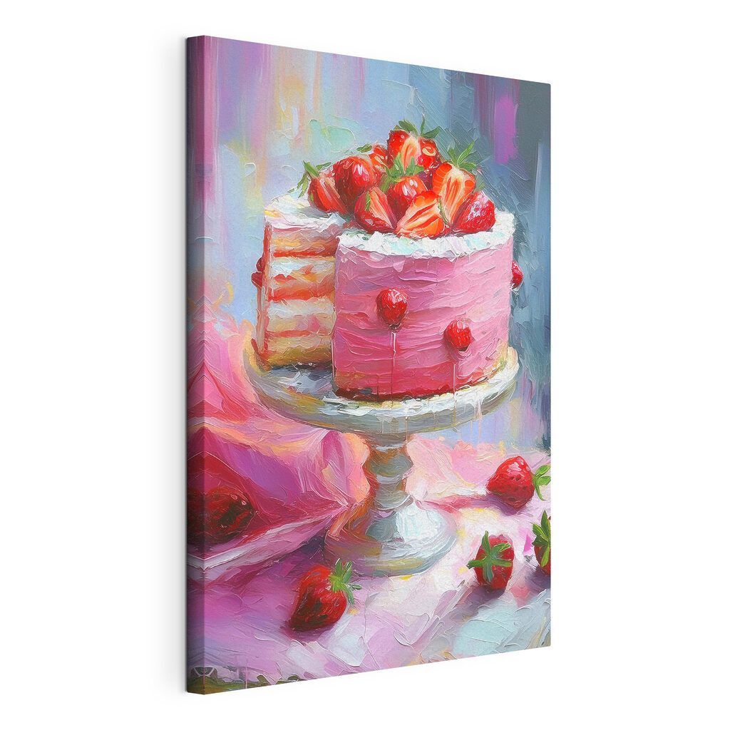 A painting of a cake with strawberries on top A painting of a cake with strawberries on top