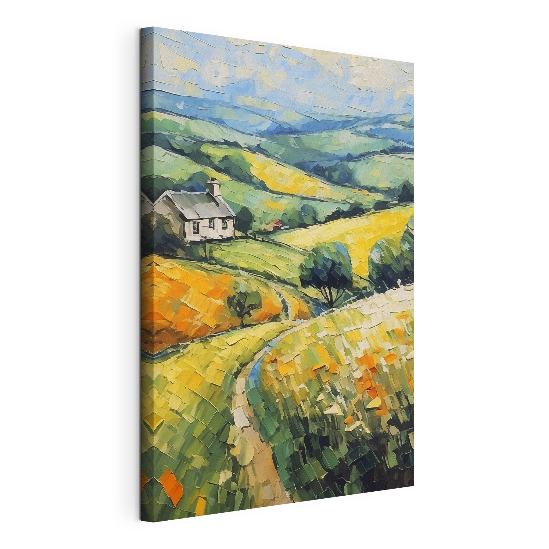 A painting of a house in a field