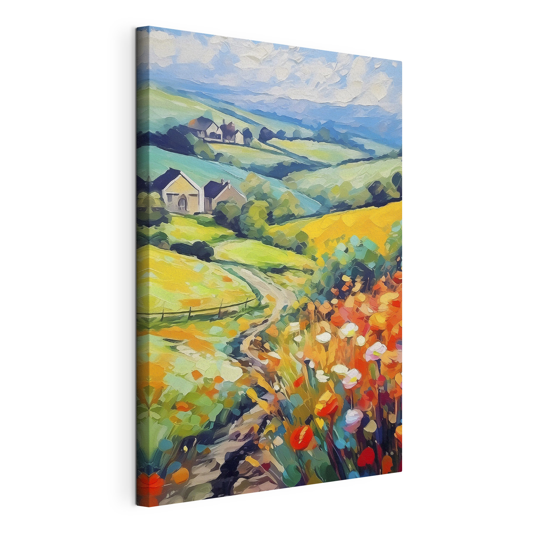 A painting of a landscape with houses and fields A painting of a landscape with houses and fields