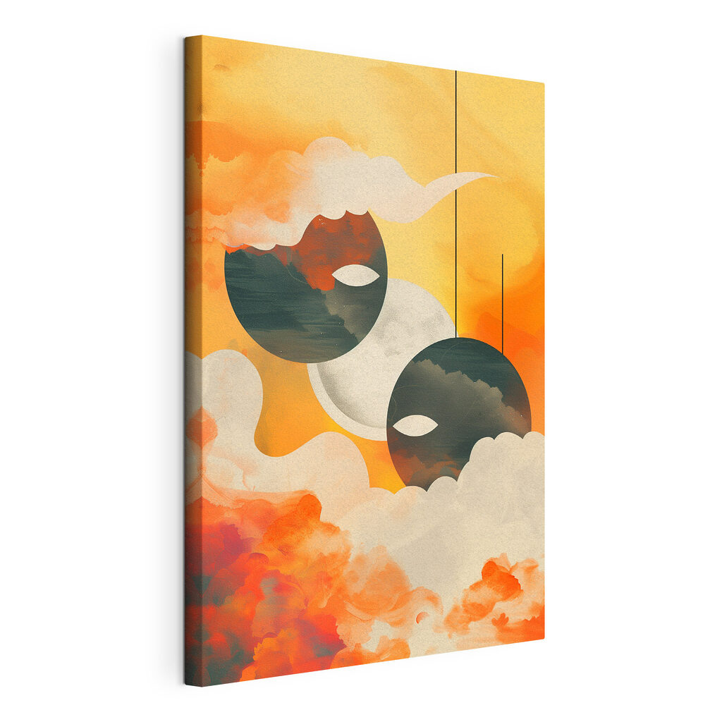 A painting of two circles and clouds