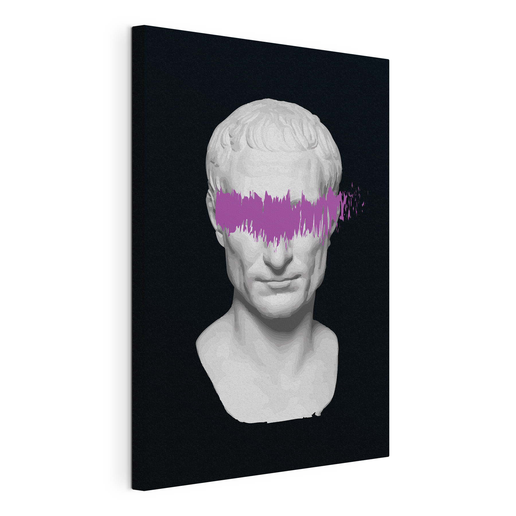 A white statue with purple line over eyes