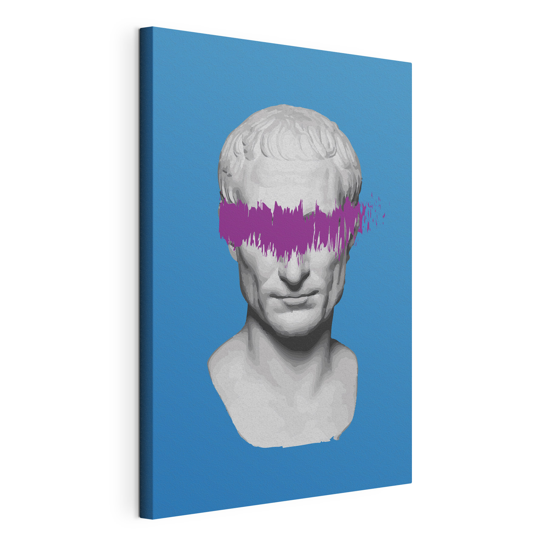 A white statue with purple line over eyes