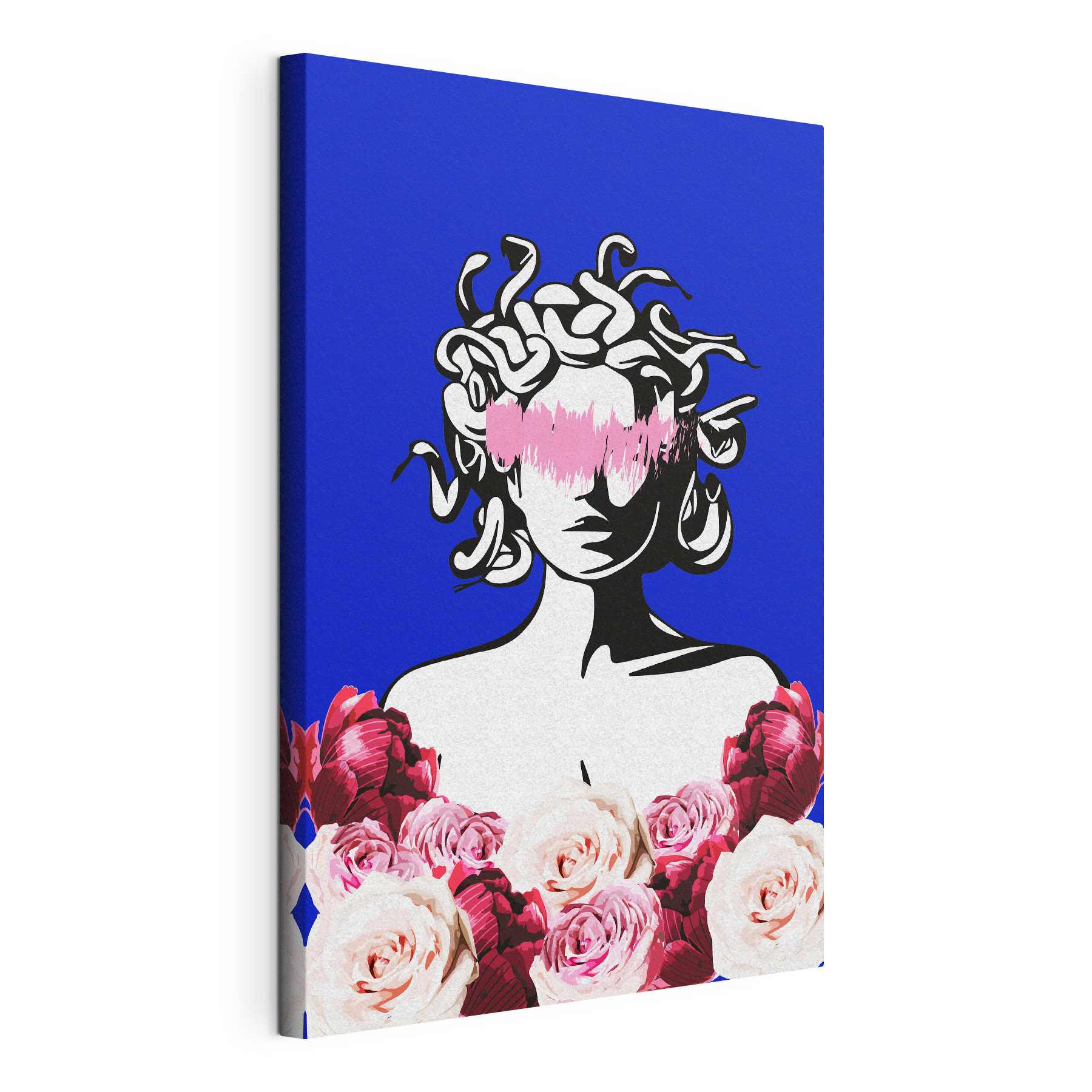 A drawing of a woman with medusa's head and flowers