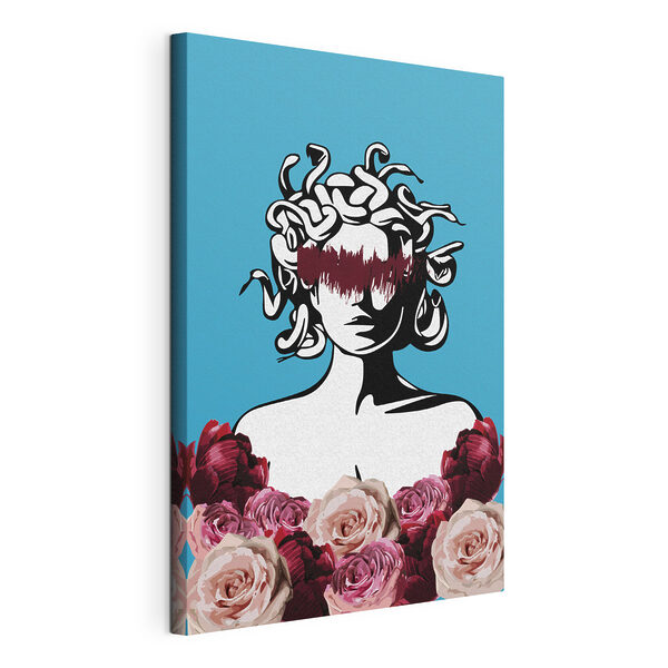 A drawing of a woman with medusa's head and flowers