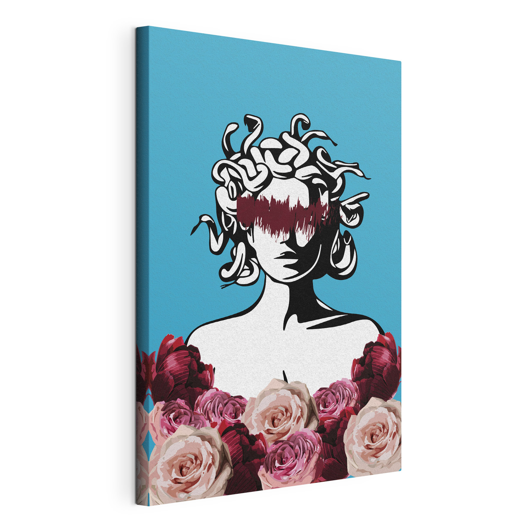 A drawing of a woman with medusa's head and flowers