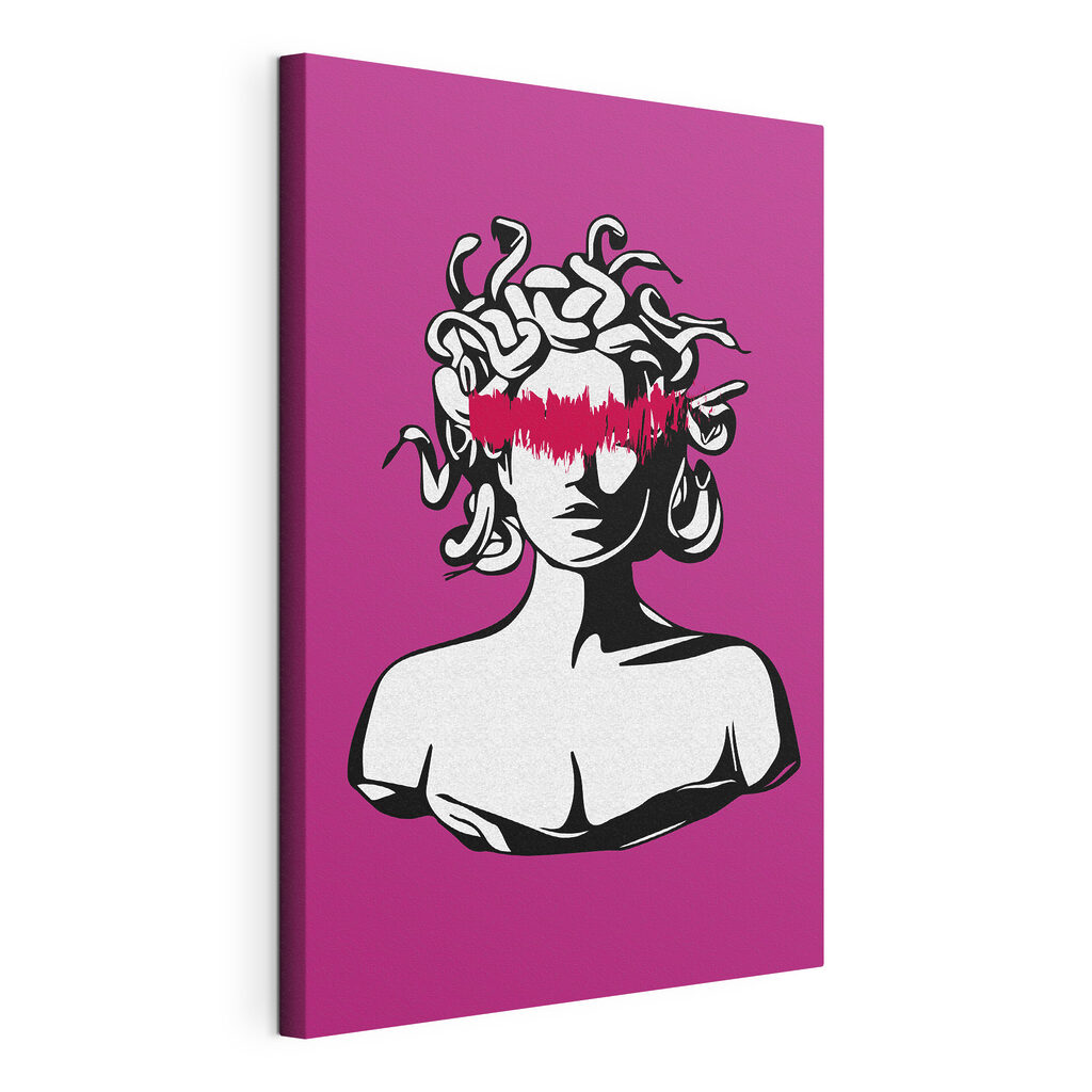 A head of a medusa with red lines