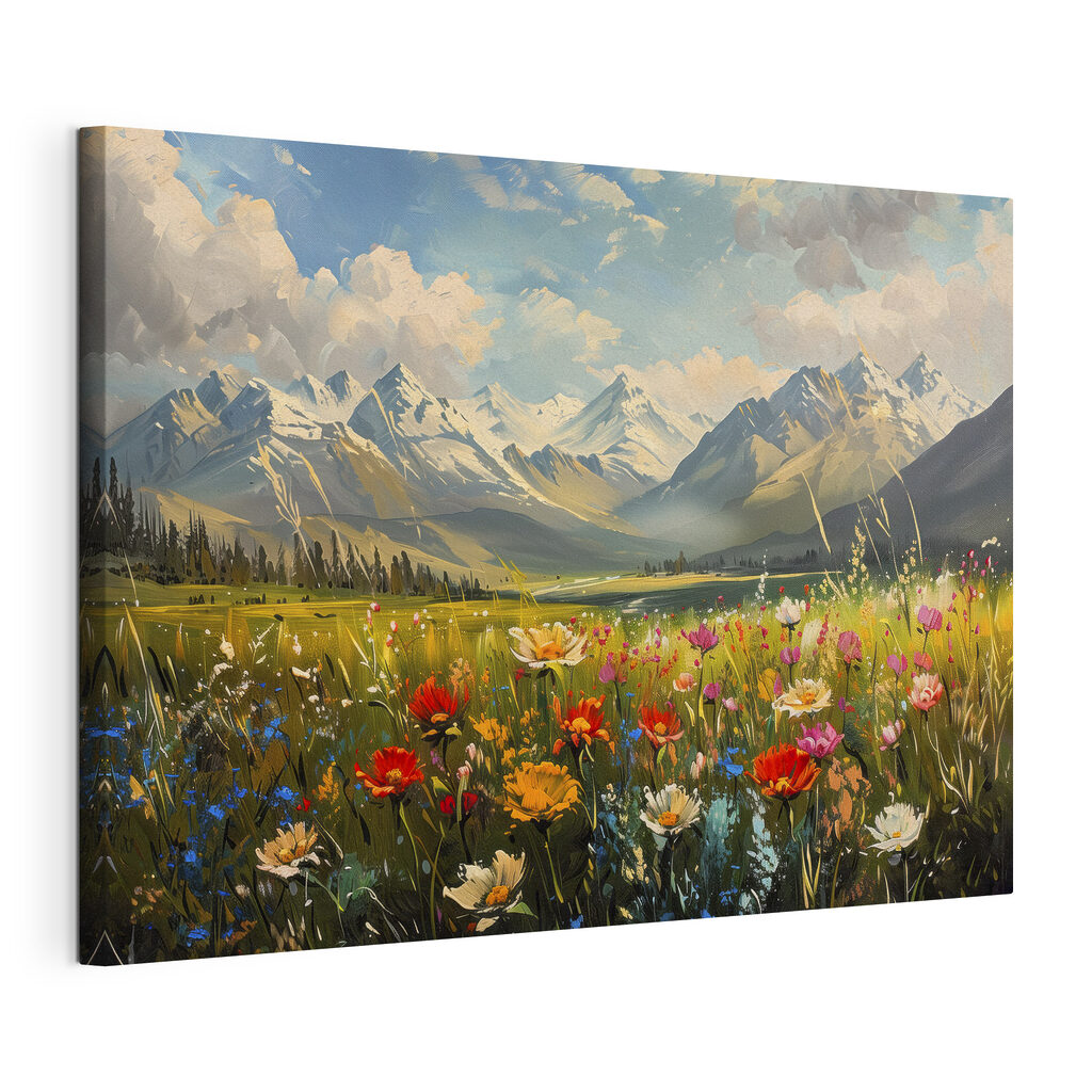 Field of flowers with mountains in the background
