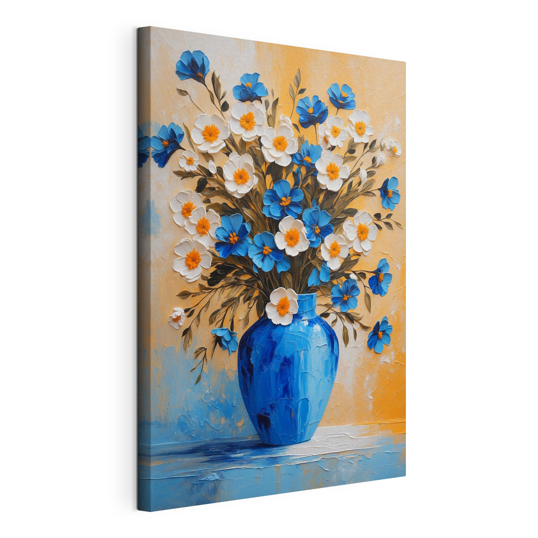 A painting of flowers in a blue vase A painting of flowers in a blue vase