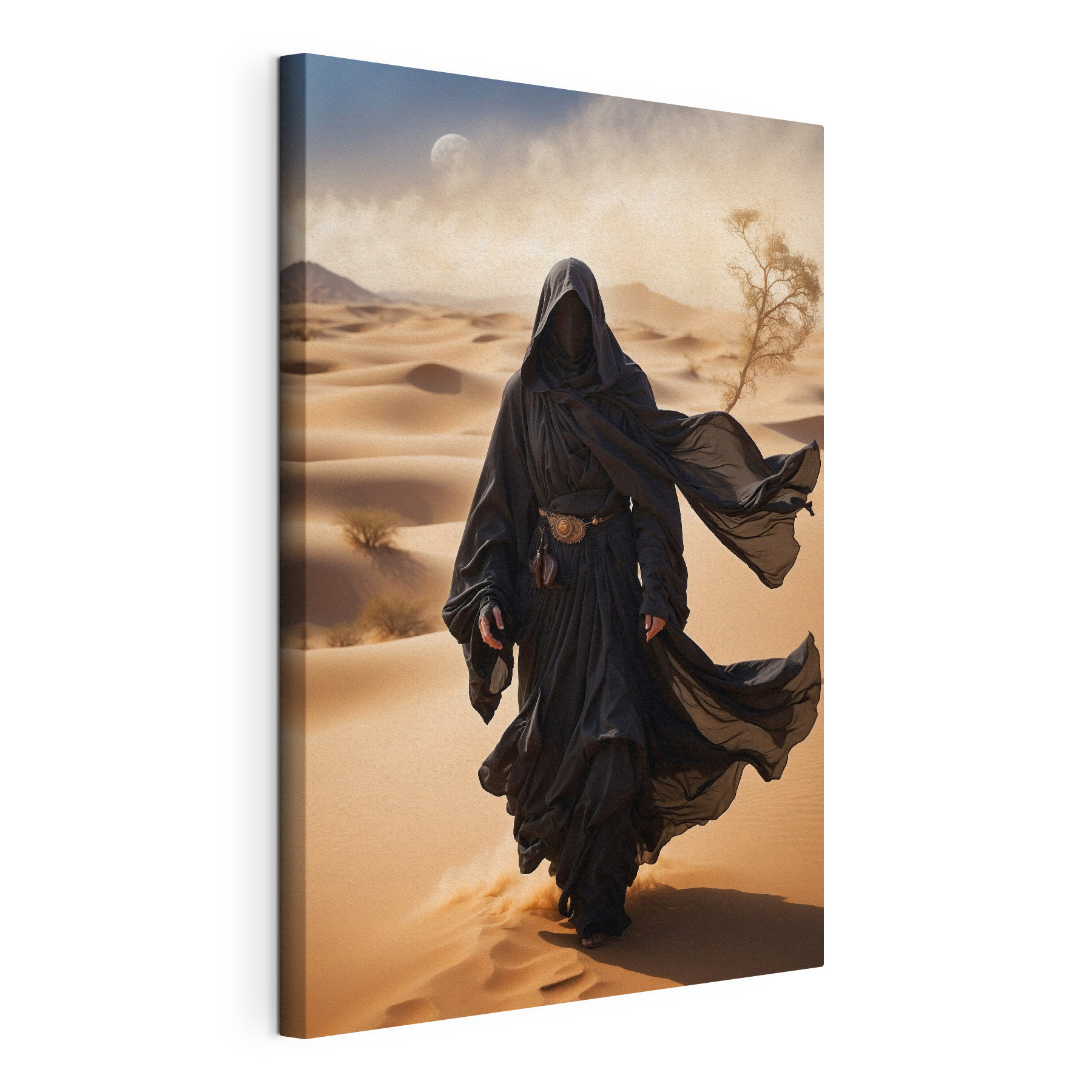 Person in a black robe walking in a desert