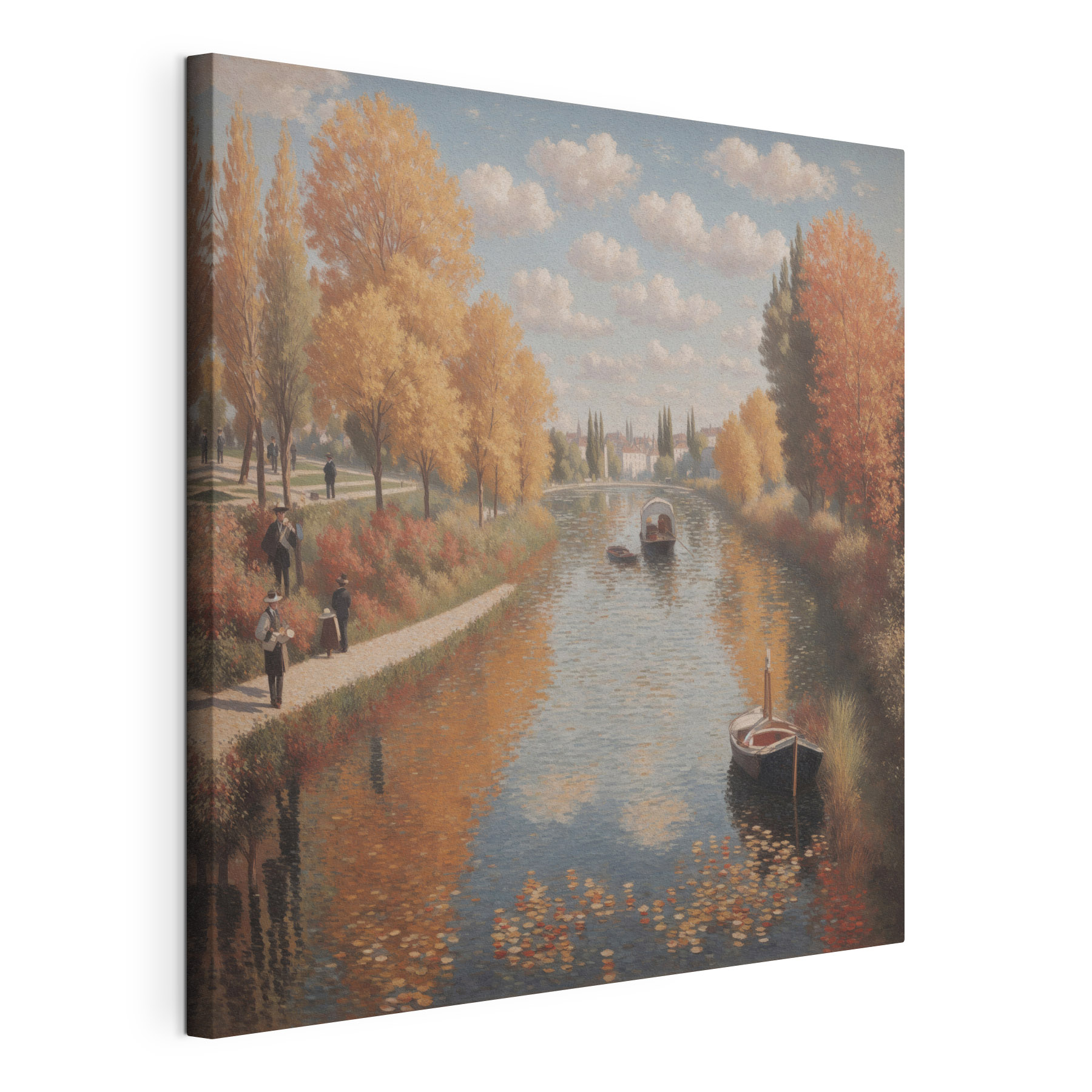 A painting of a river with boats and people on it A painting of a river with boats and people on it