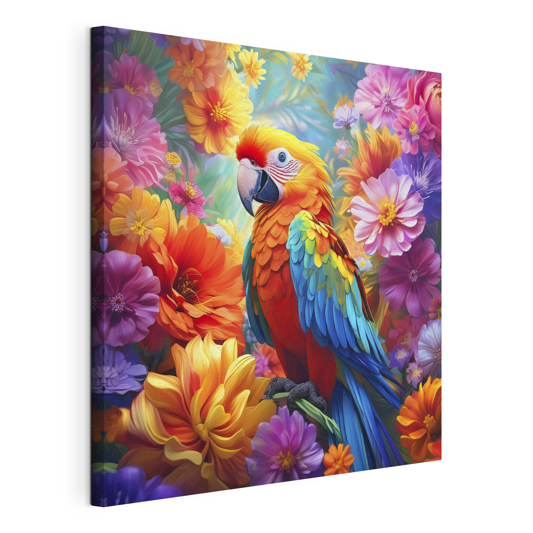 A colorful bird sitting on a branch surrounded by flowers A colorful bird sitting on a branch surrounded by flowers