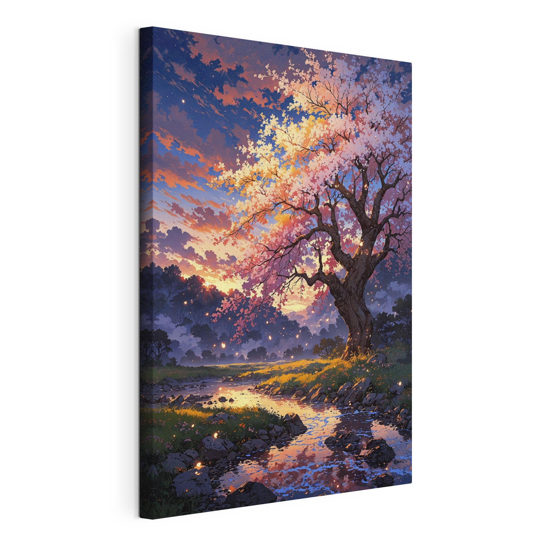 A tree with pink blossoms and a river running through it A tree with pink blossoms and a river running through it