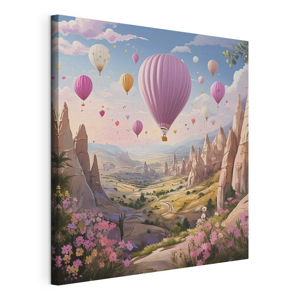 A landscape with mountains and hot air balloons A landscape with mountains and hot air balloons