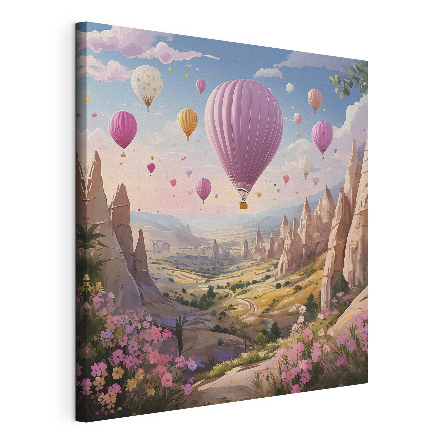 A landscape with mountains and hot air balloons A landscape with mountains and hot air balloons
