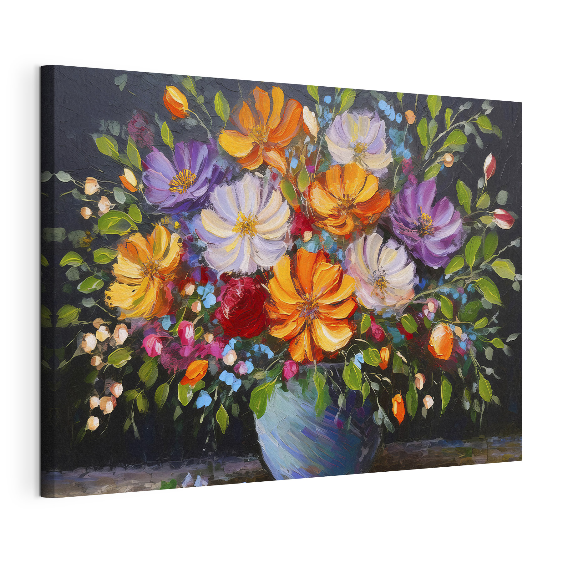 A painting of flowers in a blue vase A painting of flowers in a blue vase