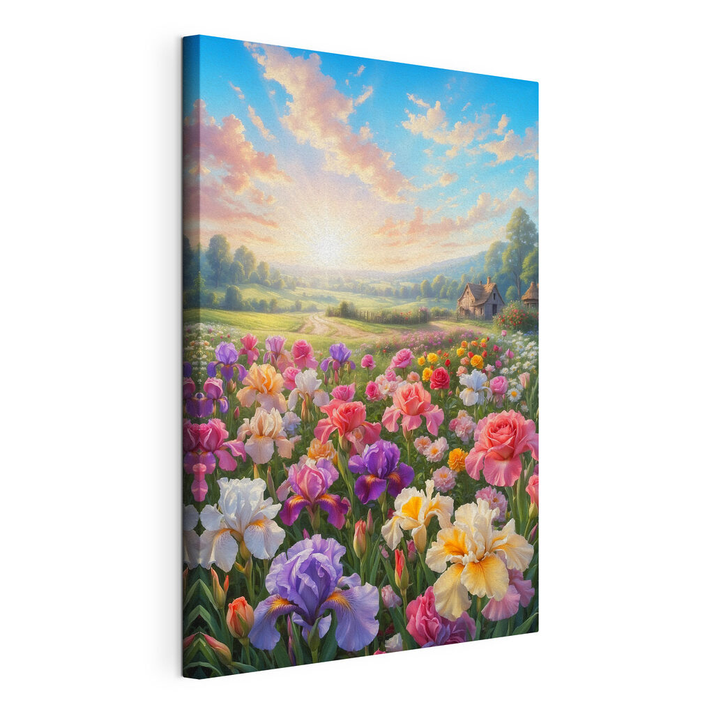 Field of flowers with a house in the background