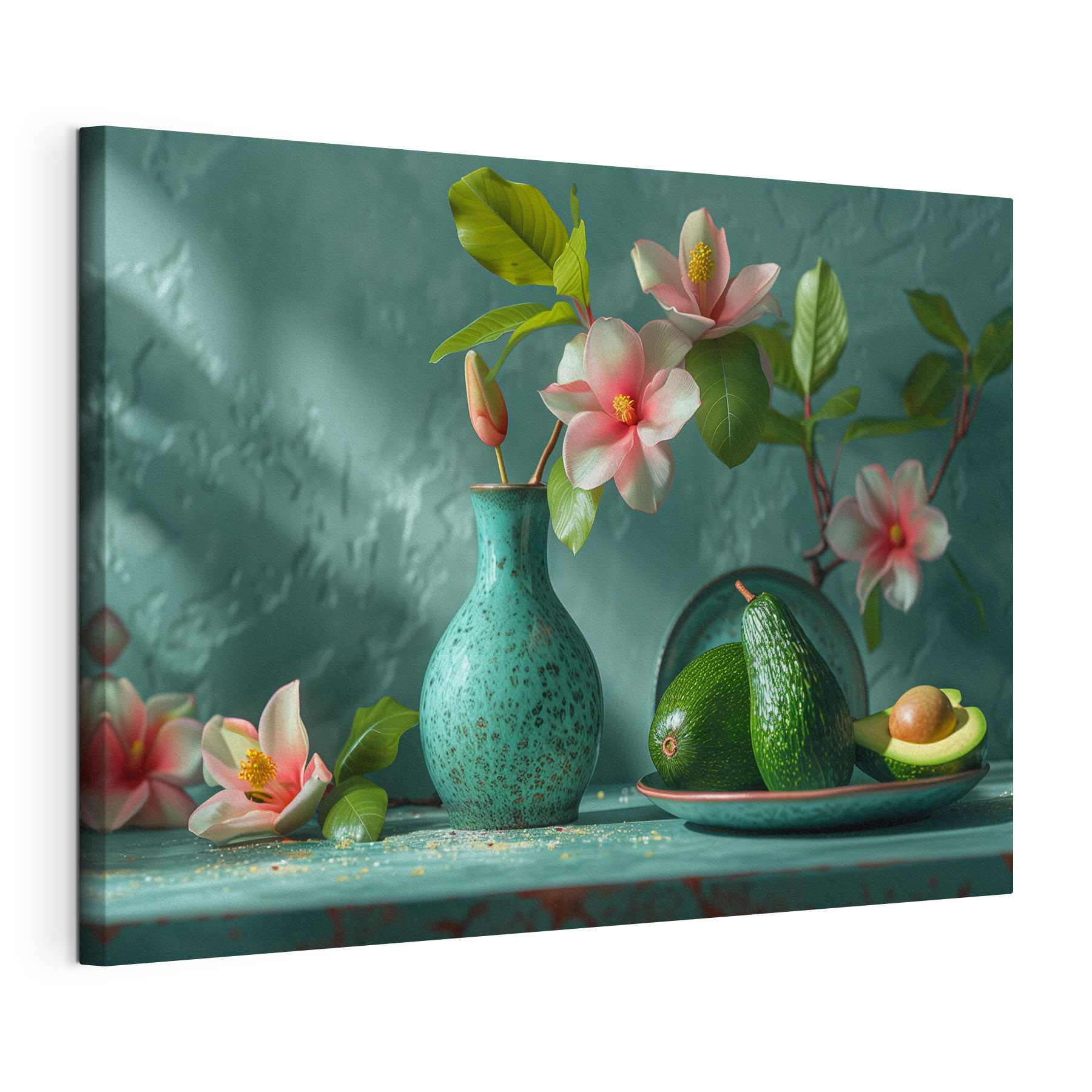 A vase with flowers in it and avocados on a plate A vase with flowers in it and avocados on a plate