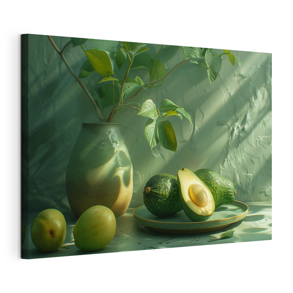 A plate of avocados and a vase of fruit