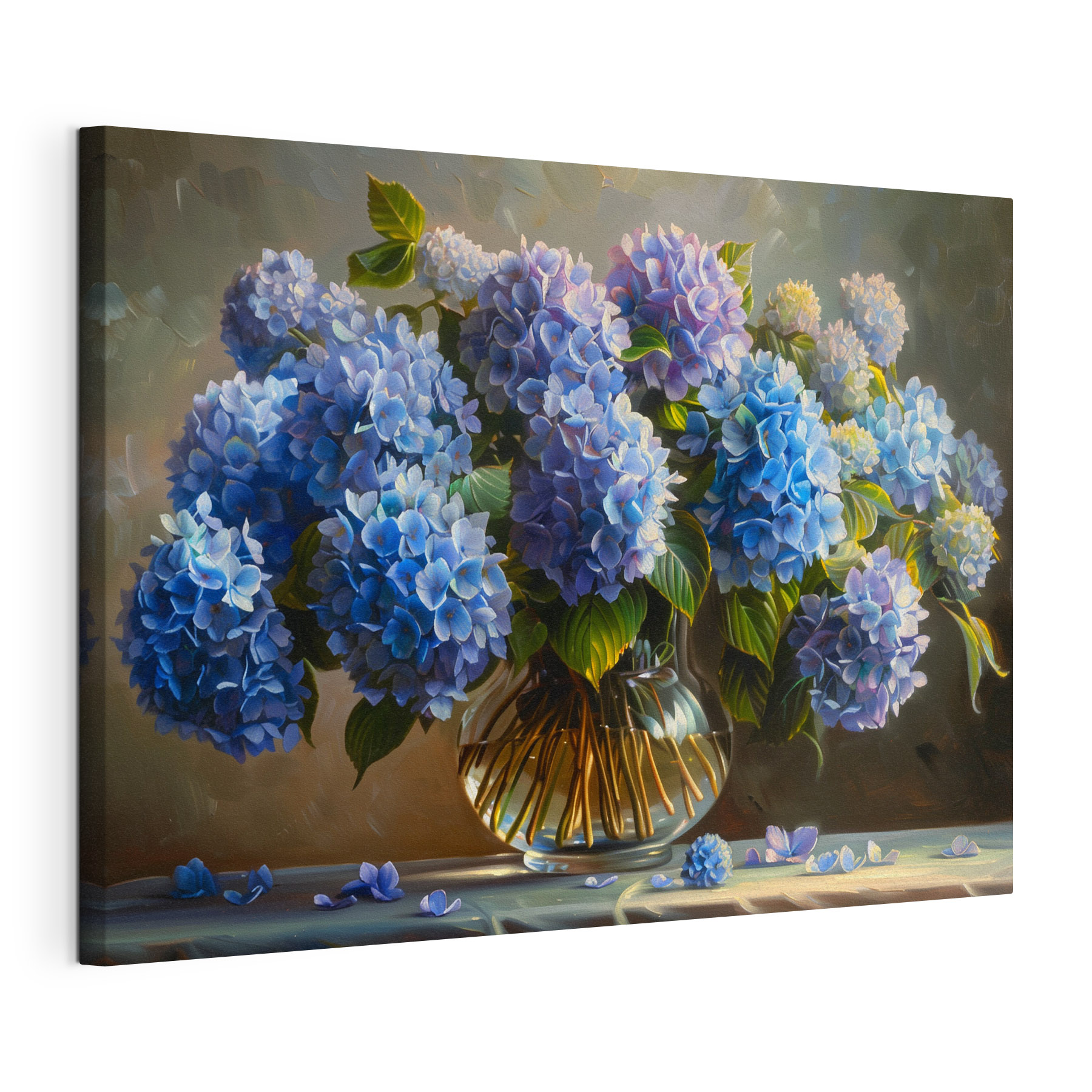 A painting of blue flowers in a glass vase A painting of blue flowers in a glass vase