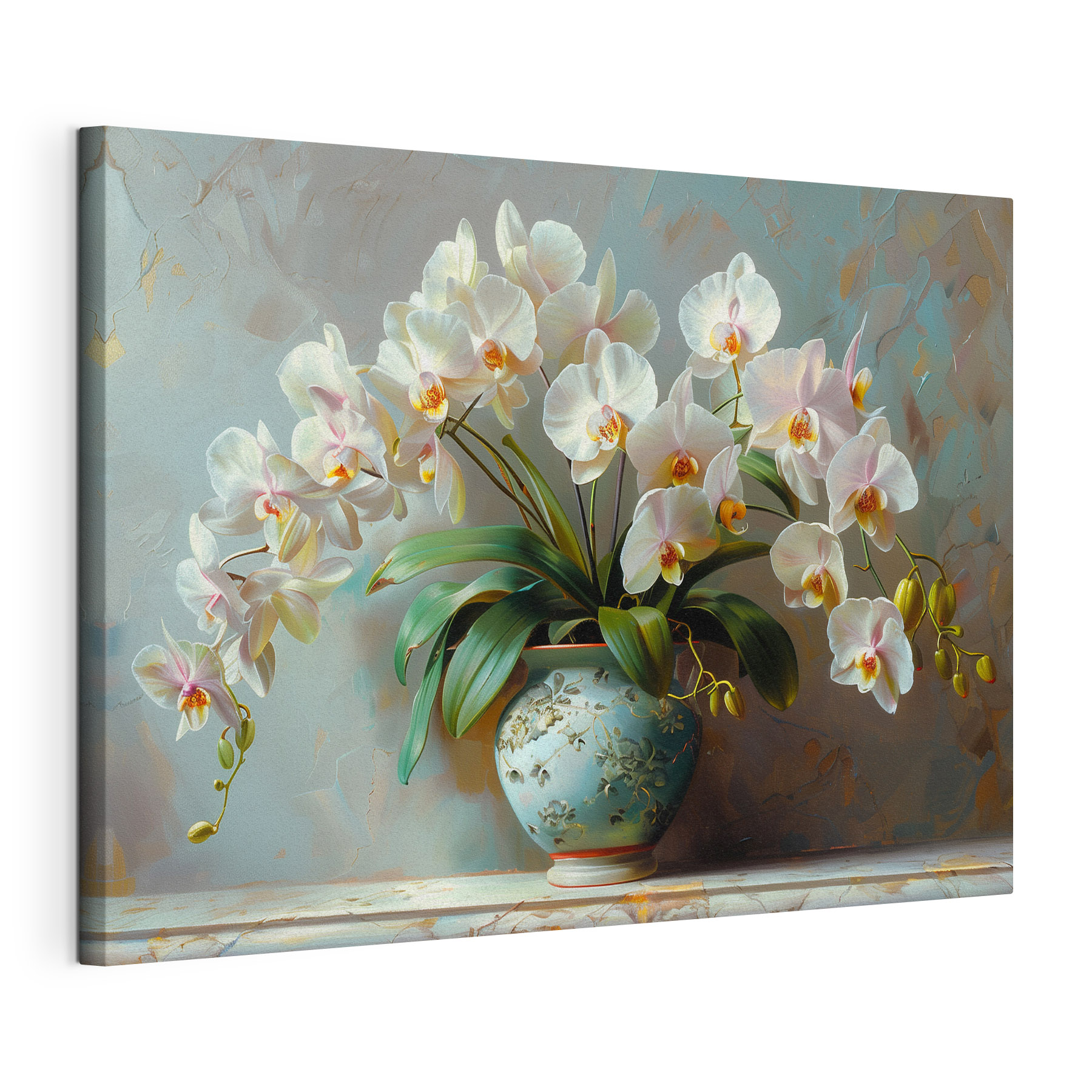 A white flowers in a blue vase