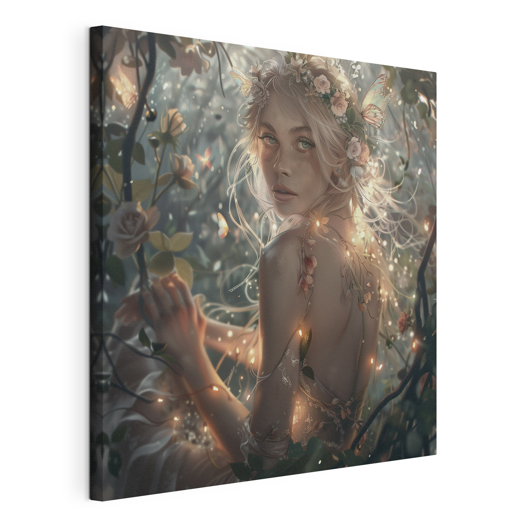 A woman in a dress with flowers in her hair