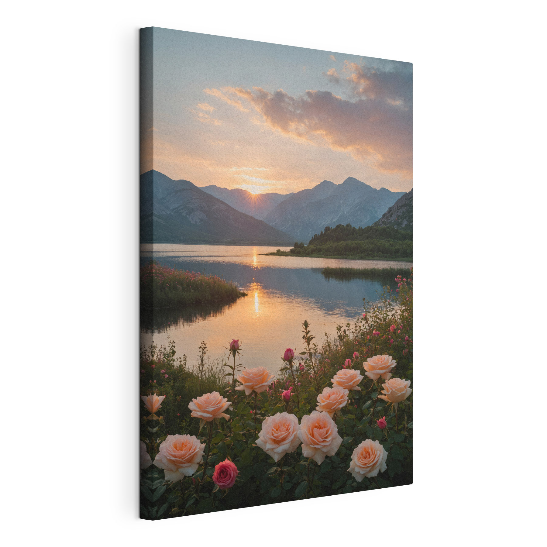 Lake with flowers and mountains in the background Lake with flowers and mountains in the background