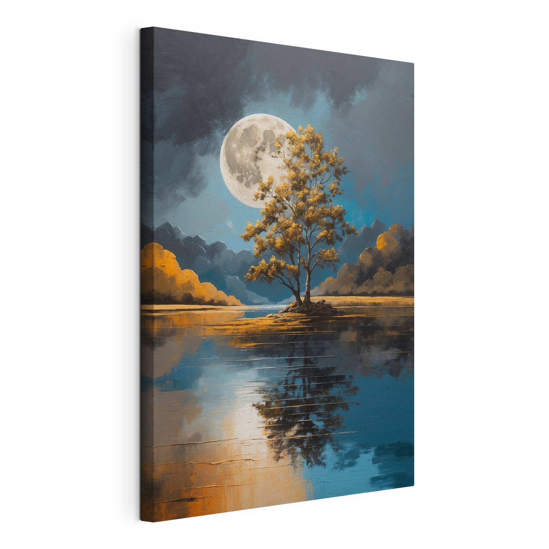 Tree on a lake with a full moon in the background Tree on a lake with a full moon in the background