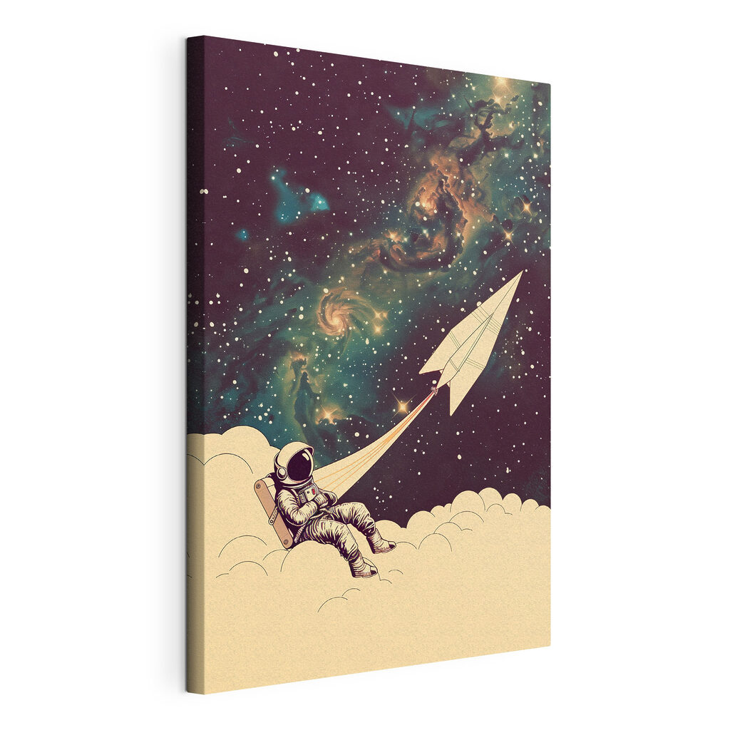 An astronaut sitting on a cloud with a paper plane in the sky An astronaut sitting on a cloud with a paper plane in the sky