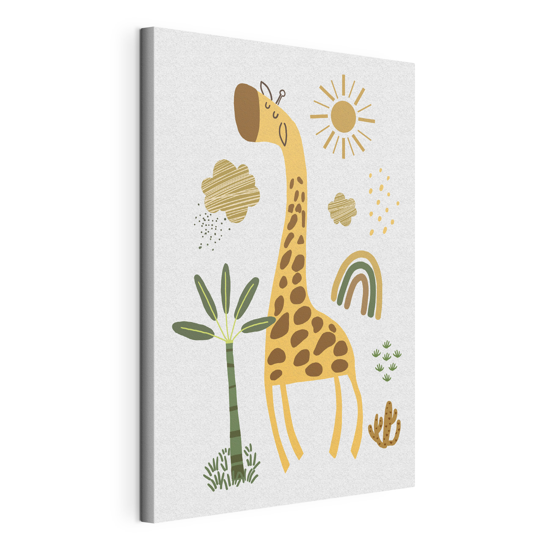 A giraffe with a tree and rainbow