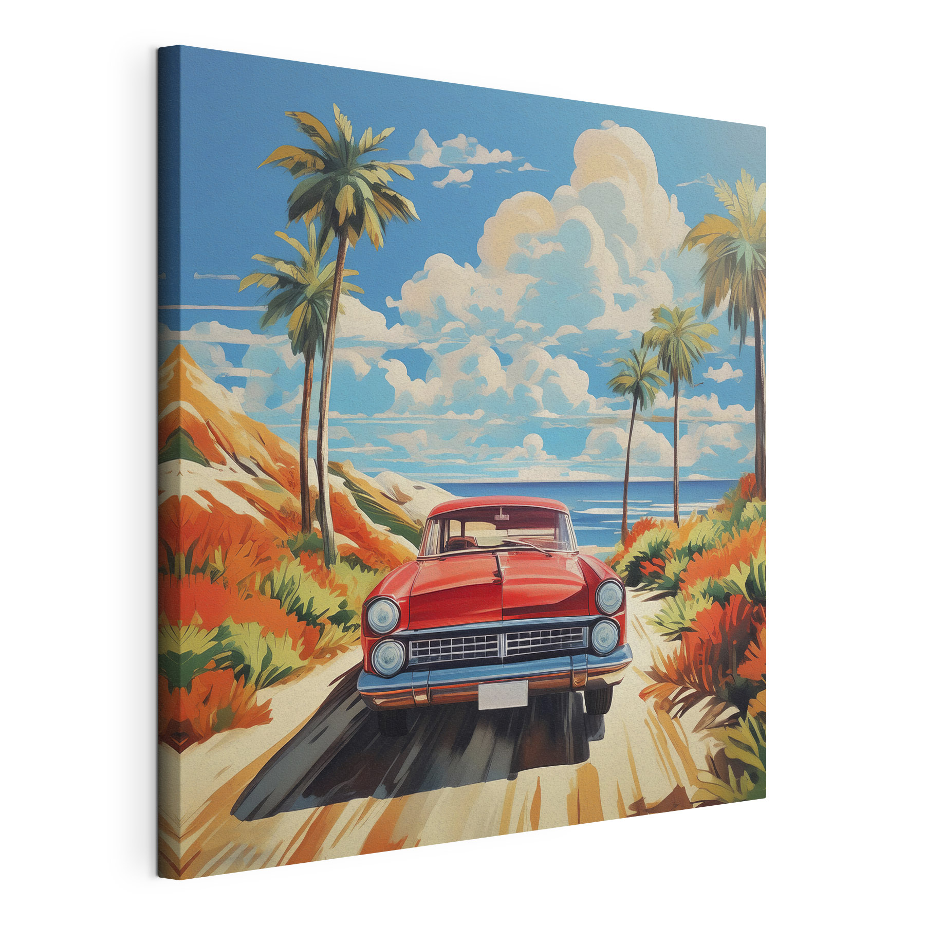 A car on a dirt road with palm trees and a beach A car on a dirt road with palm trees and a beach