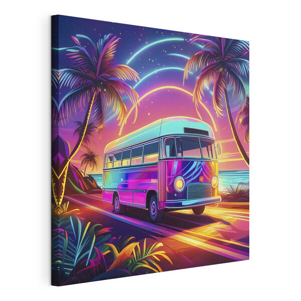 Un autobus su una strada fiancheggiata da palme al tramonto Quadri Un autobus su una strada fiancheggiata da palme al tramonto