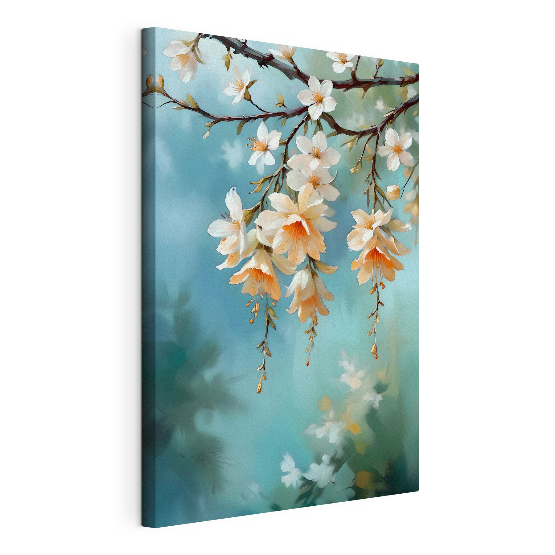 A painting of flowers on a branch A painting of flowers on a branch