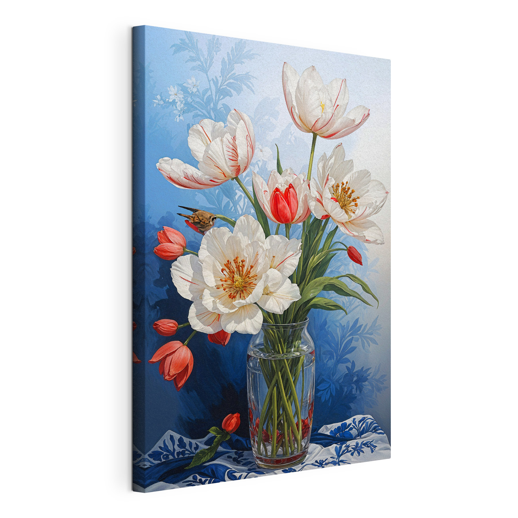 A vase of flowers with a bird on it A vase of flowers with a bird on it