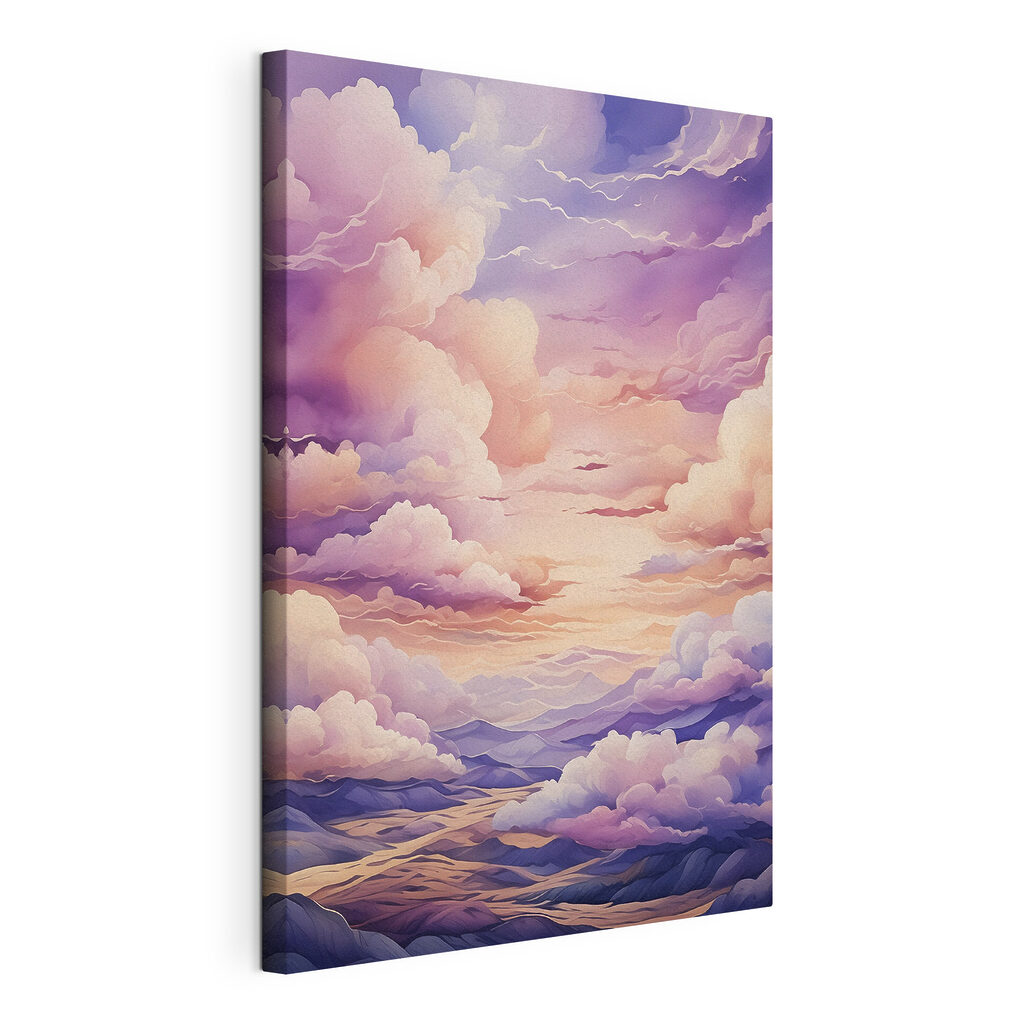 A painting of clouds and mountains
