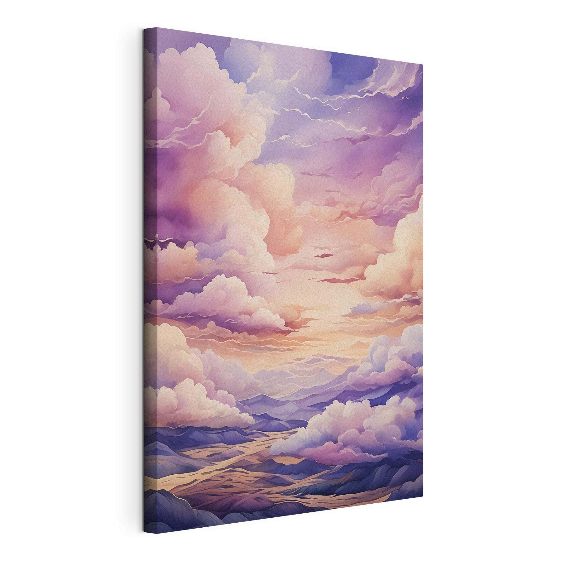 A painting of clouds and mountains