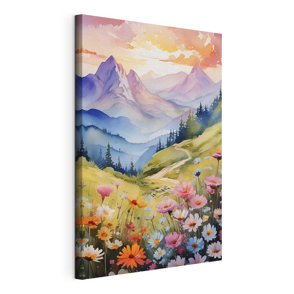 A painting of a mountain landscape with flowers and trees A painting of a mountain landscape with flowers and trees