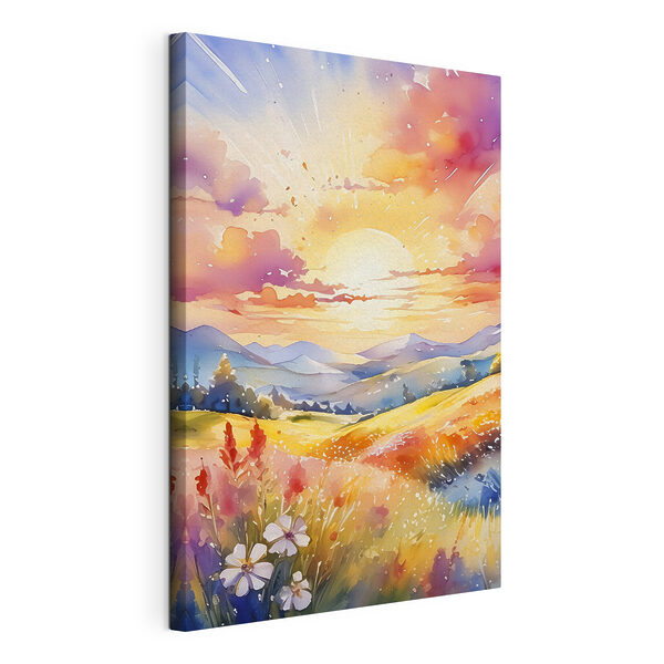 Un dipinto raffigurante un paesaggio con montagne e fiori Quadri Un dipinto raffigurante un paesaggio con montagne e fiori
